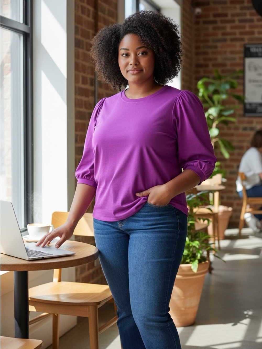 2 for $8 Northern Reflections Magenta Puff-Sleeve Crewneck Top #919